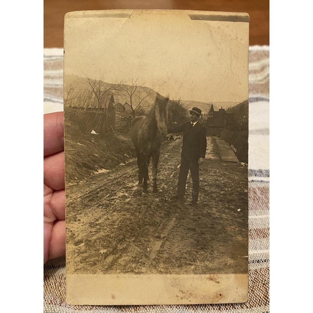 Antique RPPC Real Photo Postcard Man with Horse Rural Farm Scene 1900s